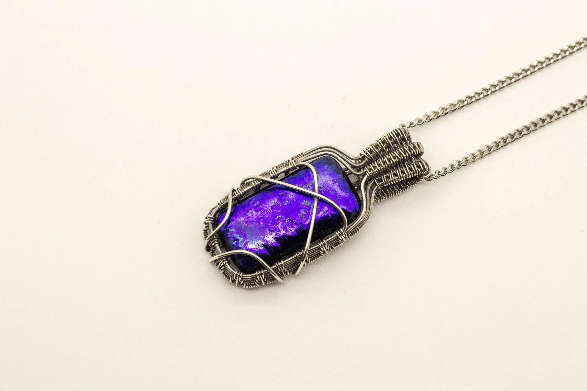Bright Blue Dichroic Fused Glass Pendant with Sterling Silver Wire Wrapping