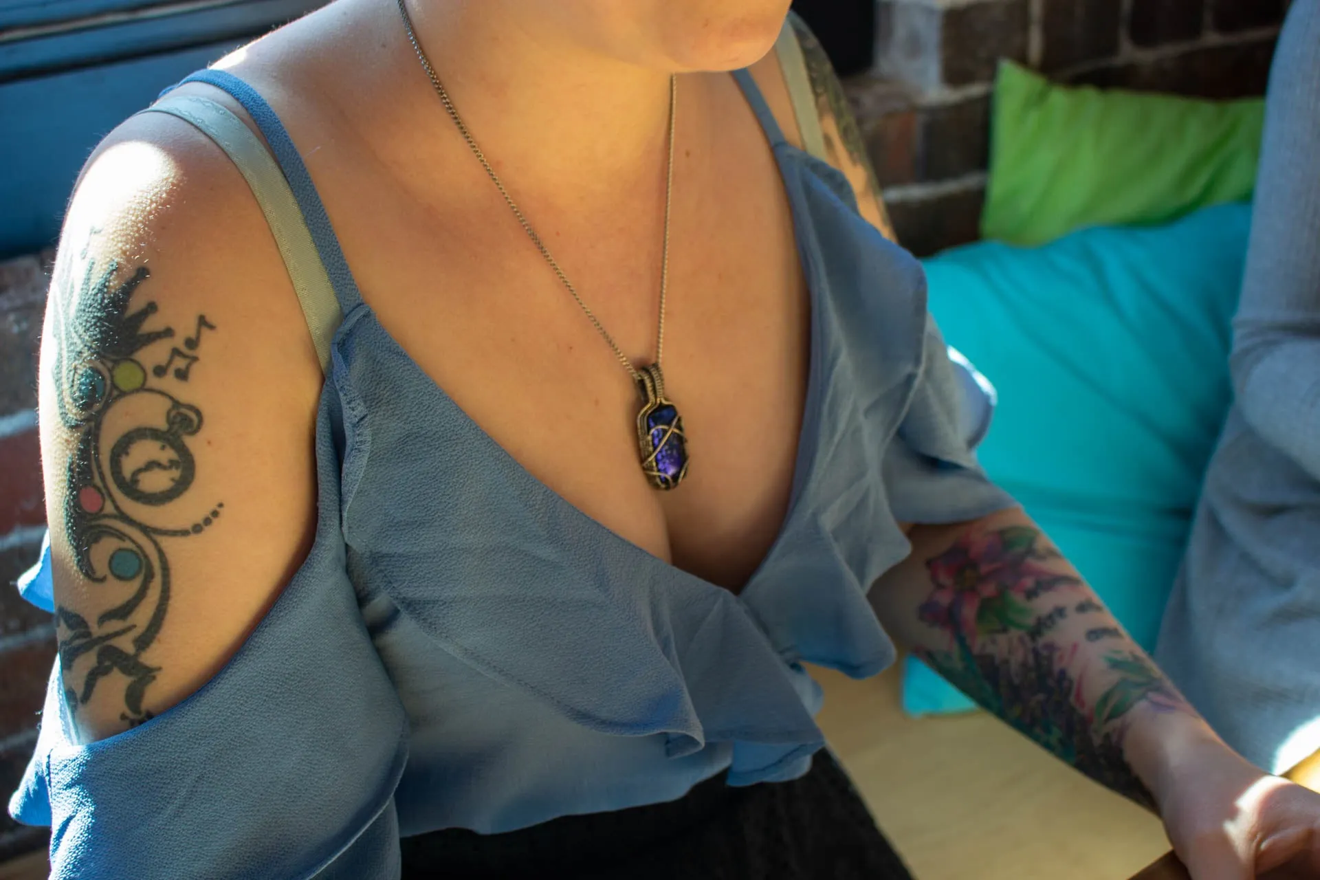 Bright Blue Dichroic Fused Glass Pendant with Sterling Silver Wire Wrapping
