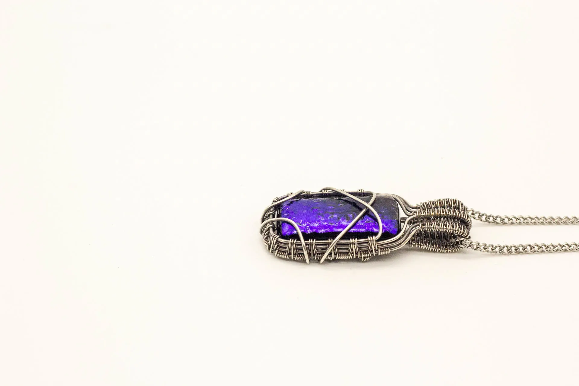 Bright Blue Dichroic Fused Glass Pendant with Sterling Silver Wire Wrapping