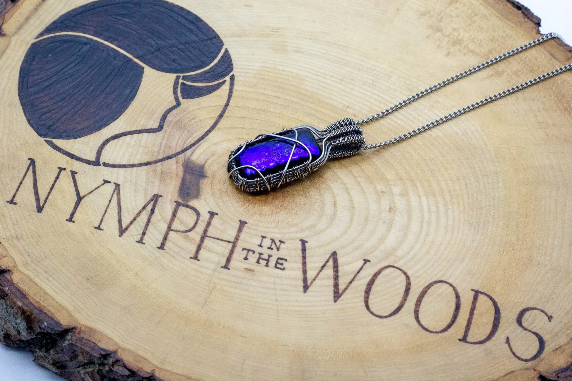 Bright Blue Dichroic Fused Glass Pendant with Sterling Silver Wire Wrapping