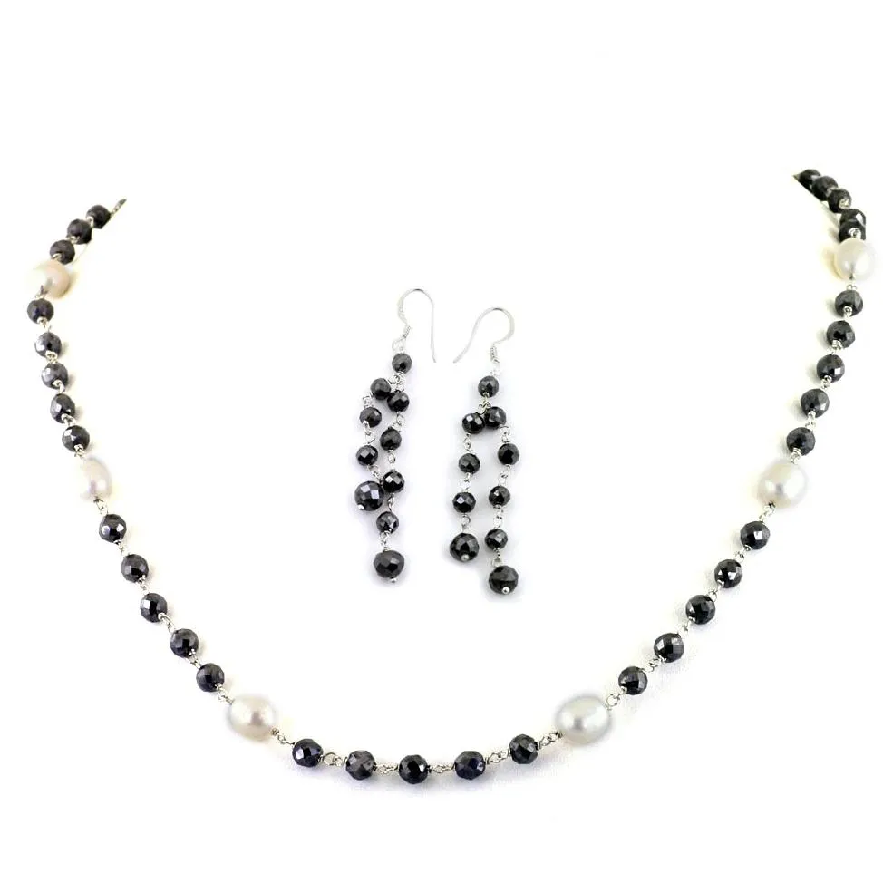 Certified 5mm Black Diamond Chain Necklace with Pearl Beads & Matching Dangler Earrings