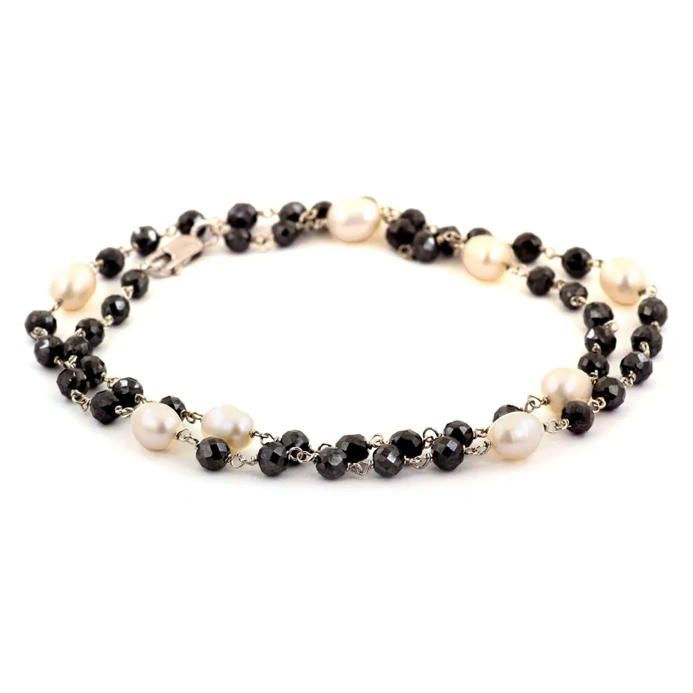 Certified 5mm Black Diamond Chain Necklace with Pearl Beads & Matching Dangler Earrings
