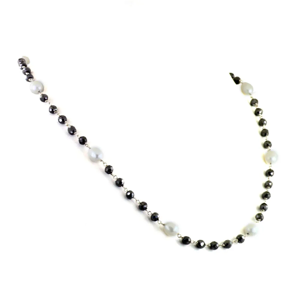 Certified 5mm Black Diamond Chain Necklace with Pearl Beads & Matching Dangler Earrings