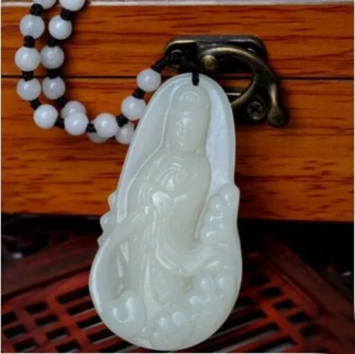 Certified Natural Chinese White Emerald Jade Guanyin Pendant