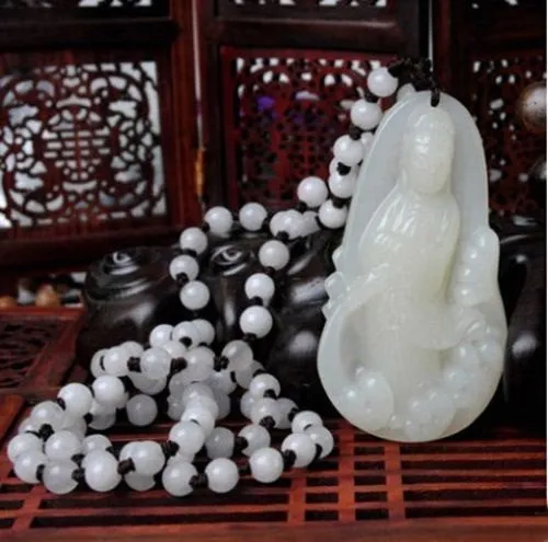 Certified Natural Chinese White Emerald Jade Guanyin Pendant