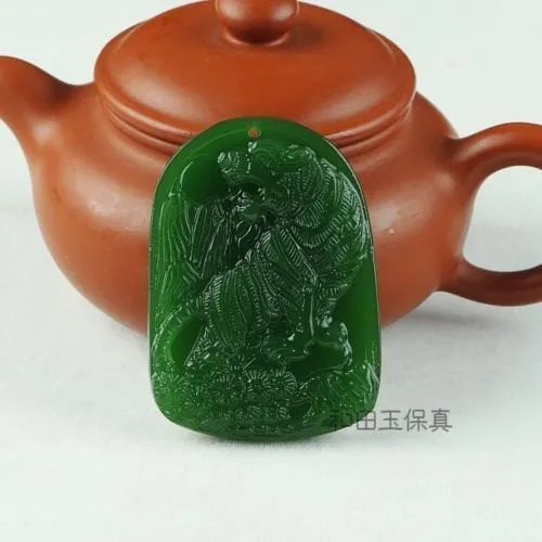 Certified Natural Green Hetain Jade HandCarved Tiger Pendant