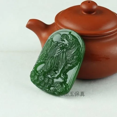 Certified Natural Green Hetain Jade HandCarved Tiger Pendant