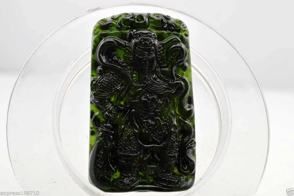Certified Natural Nephrite Black (Green inside) Jade Guan Yu Pendant