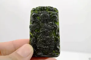 Certified Natural Nephrite Black (Green inside) Jade Guan Yu Pendant