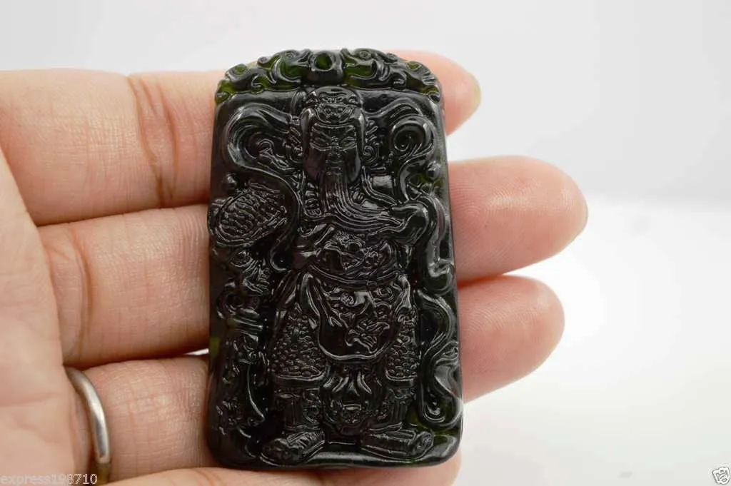 Certified Natural Nephrite Black (Green inside) Jade Guan Yu Pendant