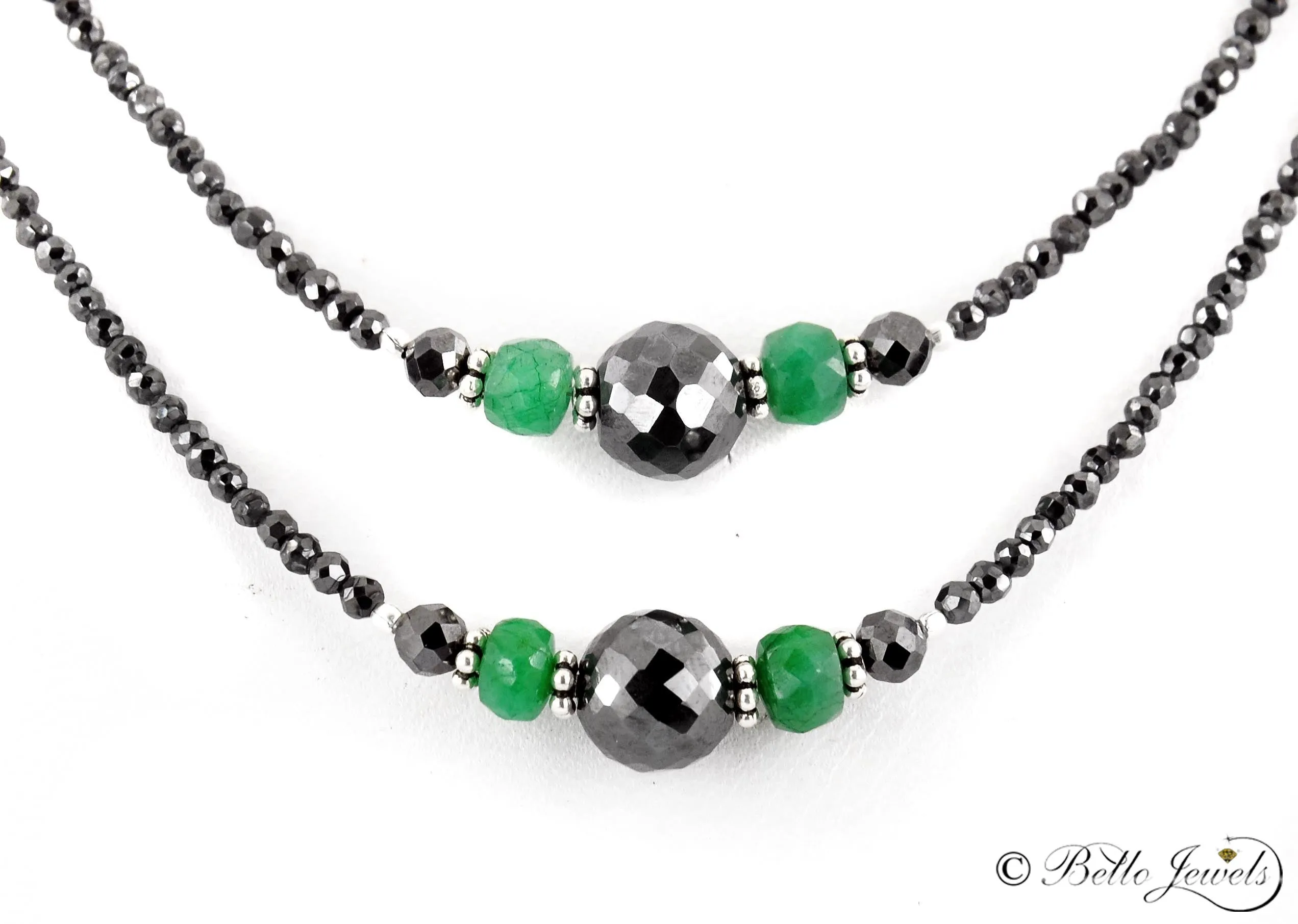Certified Two Row 2.5 mm Black Diamond Necklace With Emerald Gemstone Beads. Beautiful Design & Great Shine!