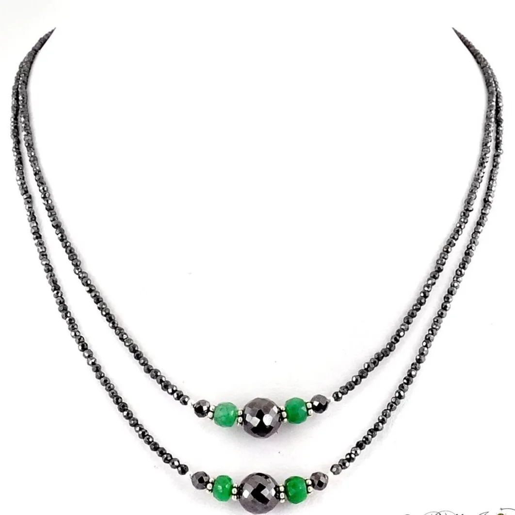 Certified Two Row 2.5 mm Black Diamond Necklace With Emerald Gemstone Beads. Beautiful Design & Great Shine!