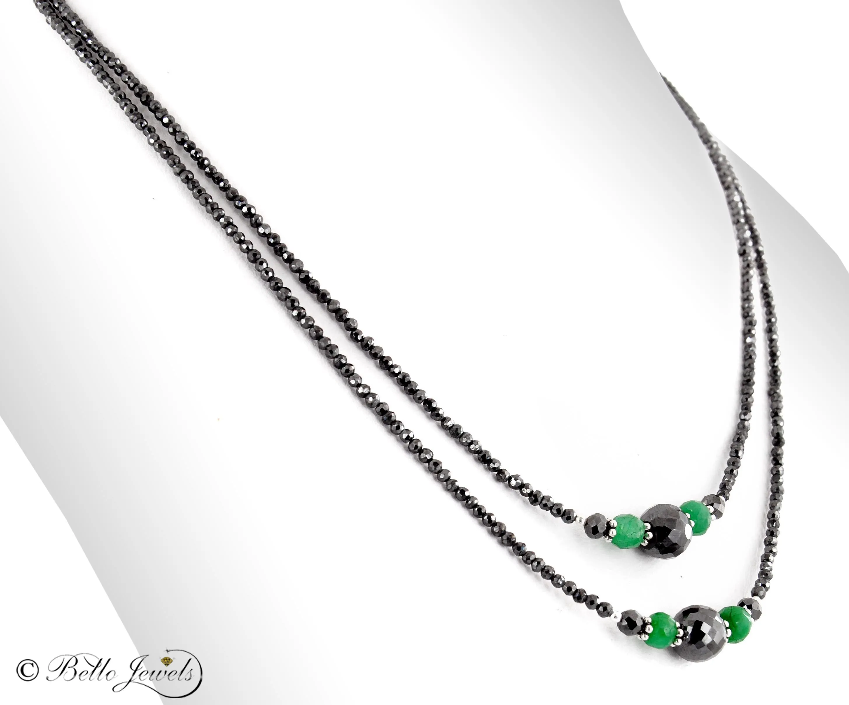 Certified Two Row 2.5 mm Black Diamond Necklace With Emerald Gemstone Beads. Beautiful Design & Great Shine!