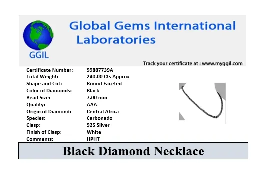 Certified Two Row 2.5 mm Black Diamond Necklace With Emerald Gemstone Beads. Beautiful Design & Great Shine!