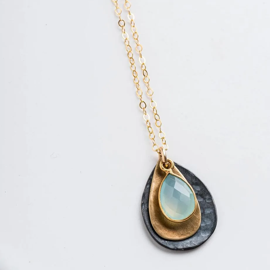 Chalcedony, Yellow Bronze, Darkened Sterling, 14K Chain Petal Necklace