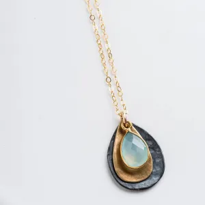 Chalcedony, Yellow Bronze, Darkened Sterling, 14K Chain Petal Necklace
