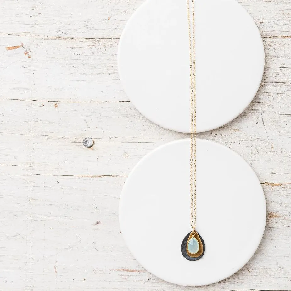 Chalcedony, Yellow Bronze, Darkened Sterling, 14K Chain Petal Necklace