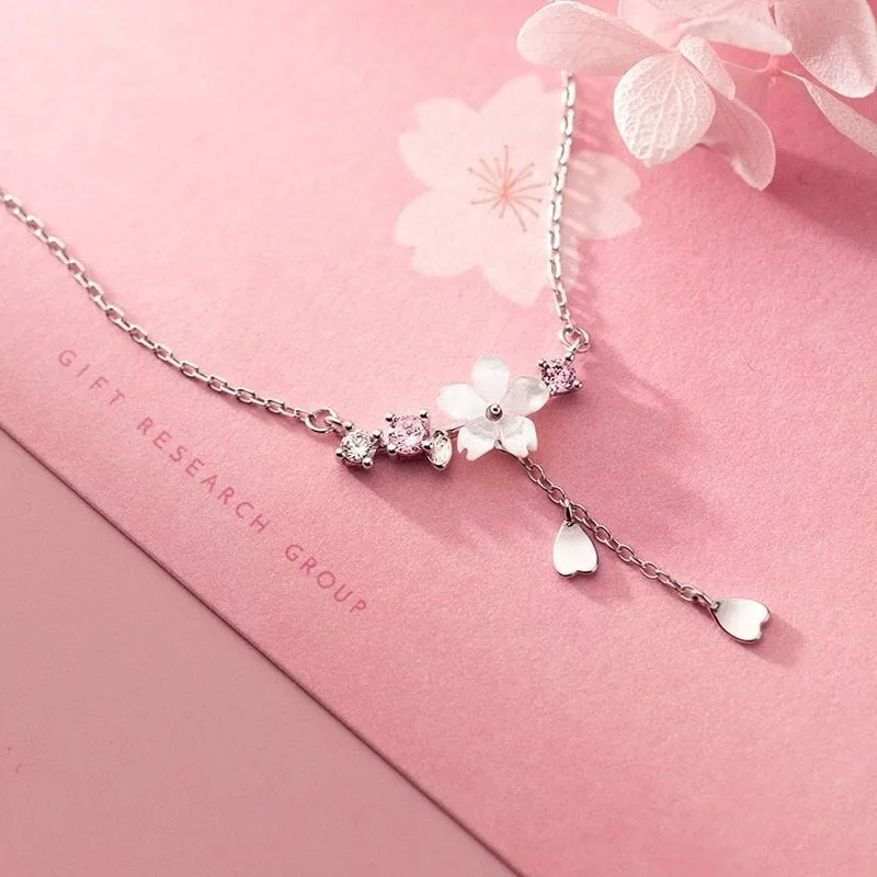 Chic CZ Inlaid Heart Tassel Cherry Blossom Necklace