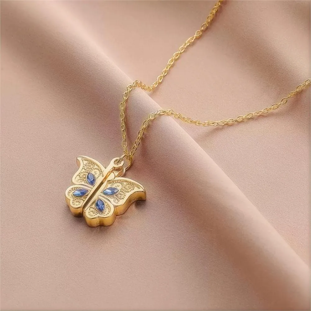 Chic CZ Inlaid Photo Frame I Love You Heart Butterfly Necklace