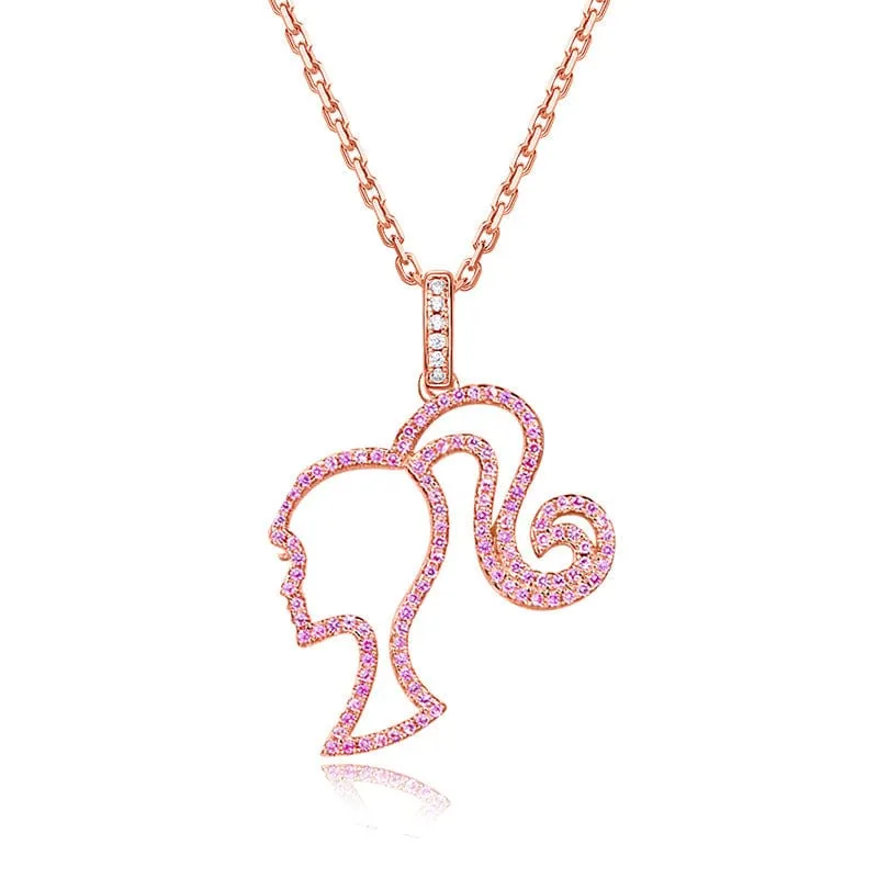 Chic CZ Inlaid S925 Sterling Silver Hollow Barbie Pendant Necklace