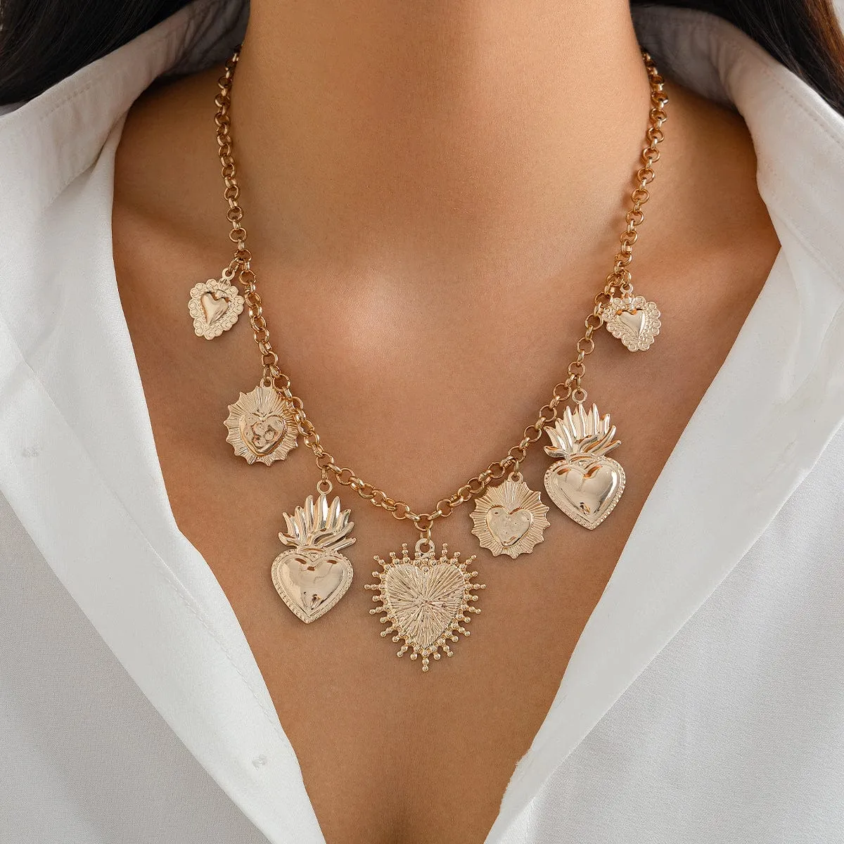 Chic Gold Silver Tone Flame Heart Pendant Necklace