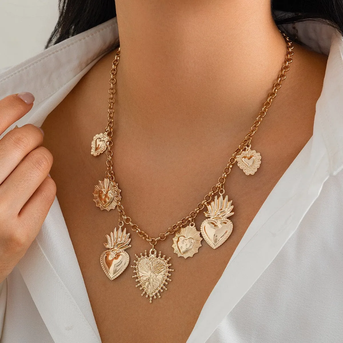 Chic Gold Silver Tone Flame Heart Pendant Necklace