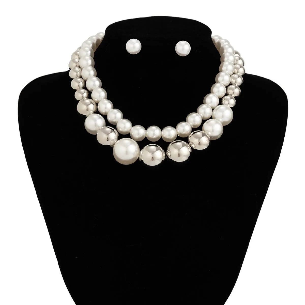 Chic Layered Silver Plated Pearl Chain Choker Necklace Earrings Set