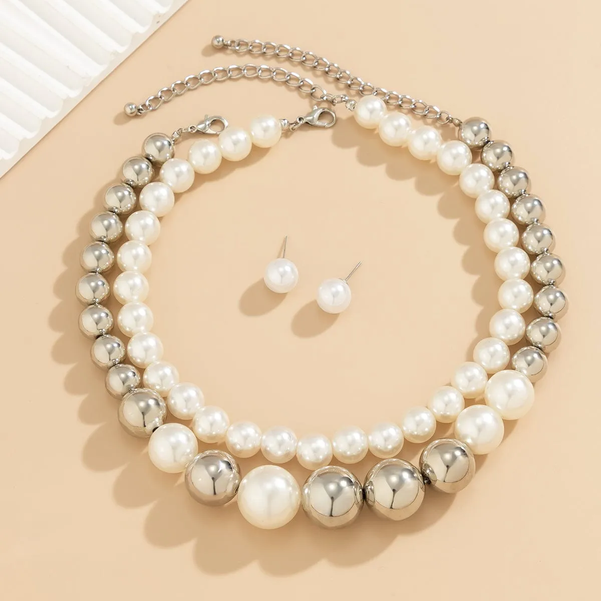Chic Layered Silver Plated Pearl Chain Choker Necklace Earrings Set