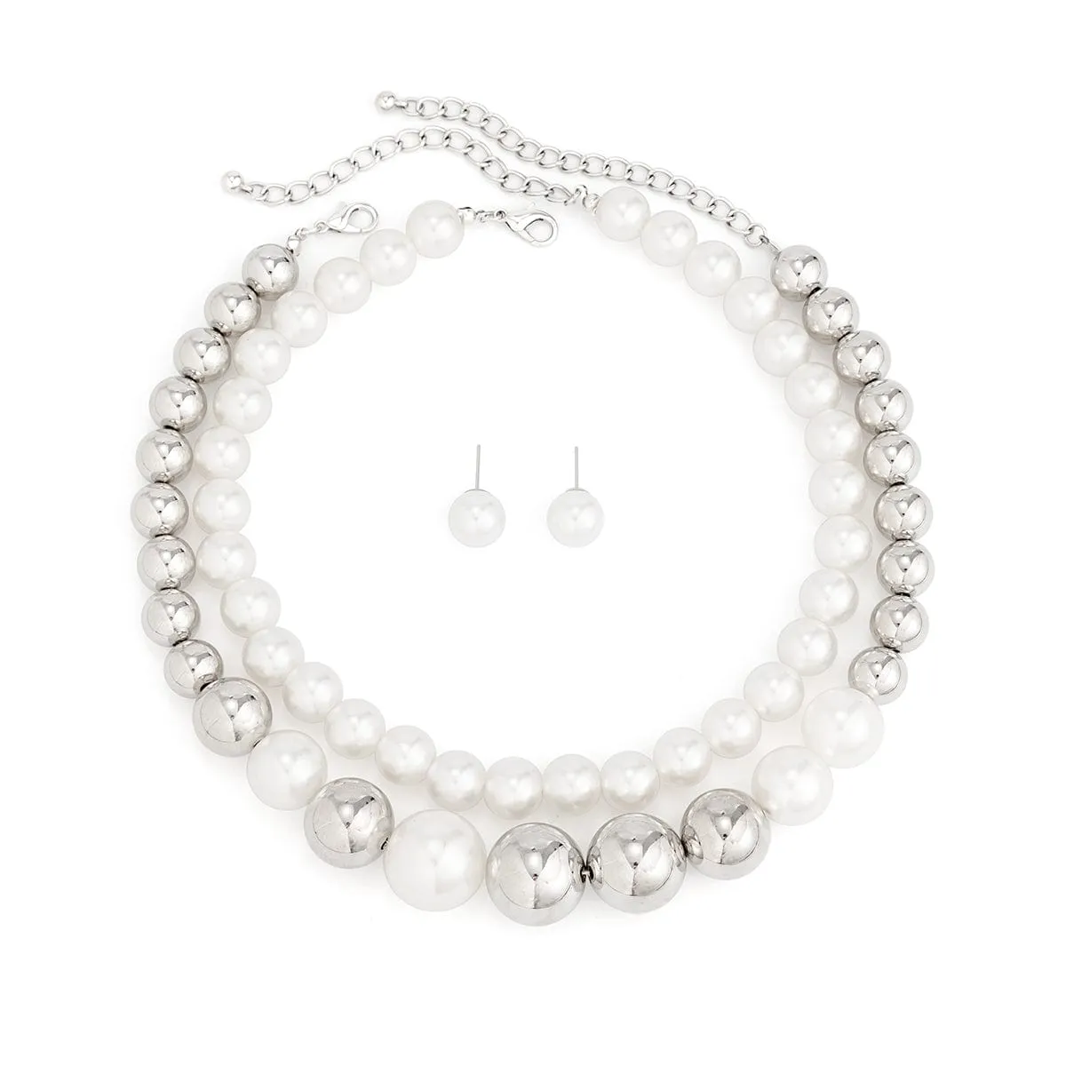 Chic Layered Silver Plated Pearl Chain Choker Necklace Earrings Set