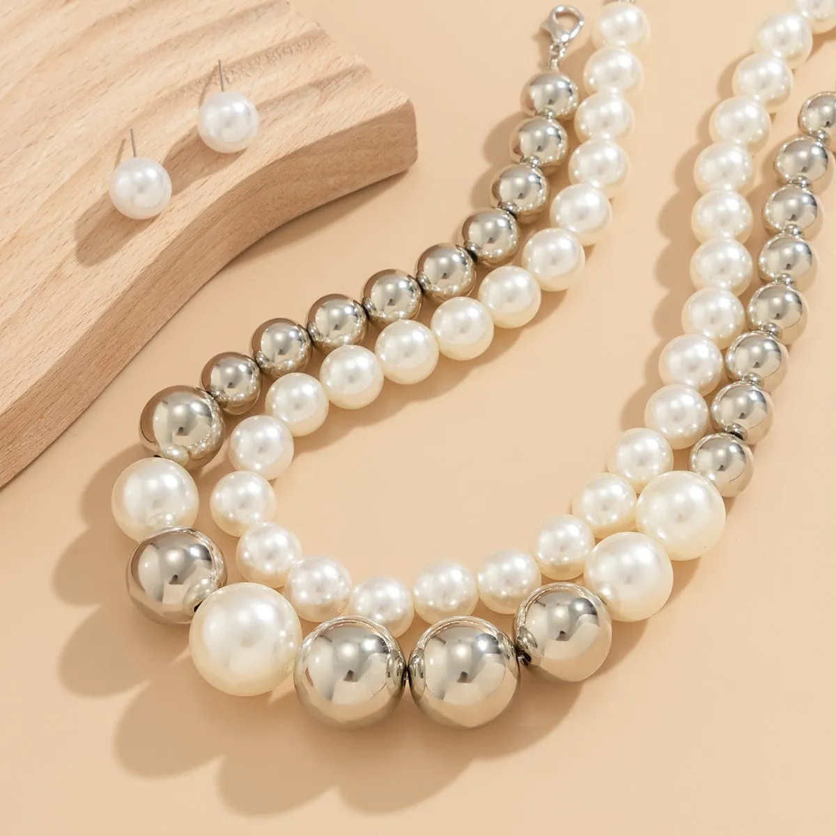 Chic Layered Silver Plated Pearl Chain Choker Necklace Earrings Set