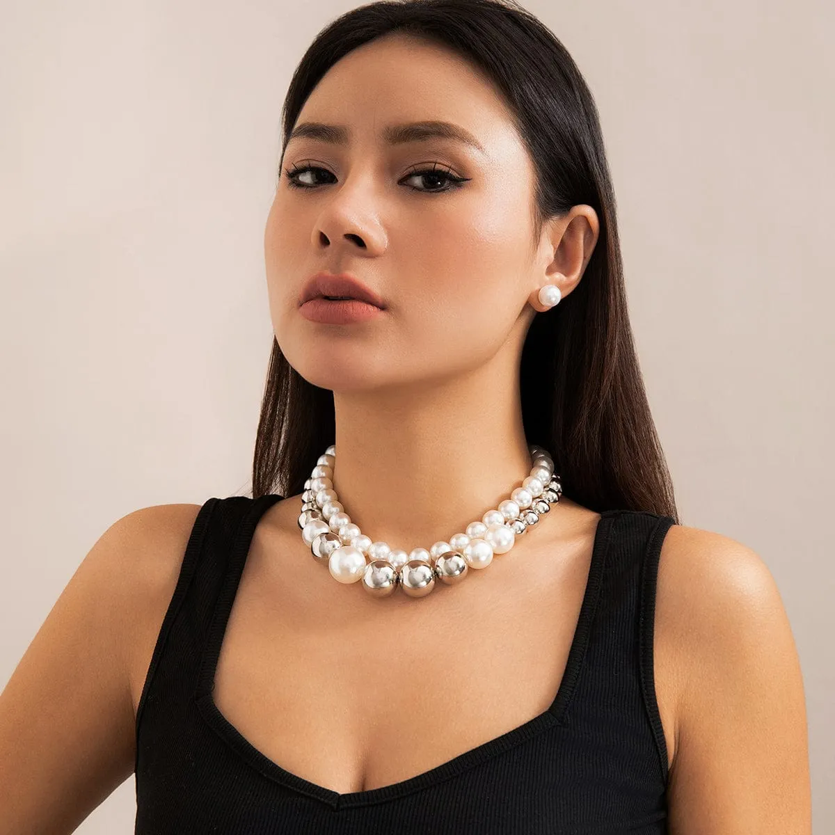 Chic Layered Silver Plated Pearl Chain Choker Necklace Earrings Set