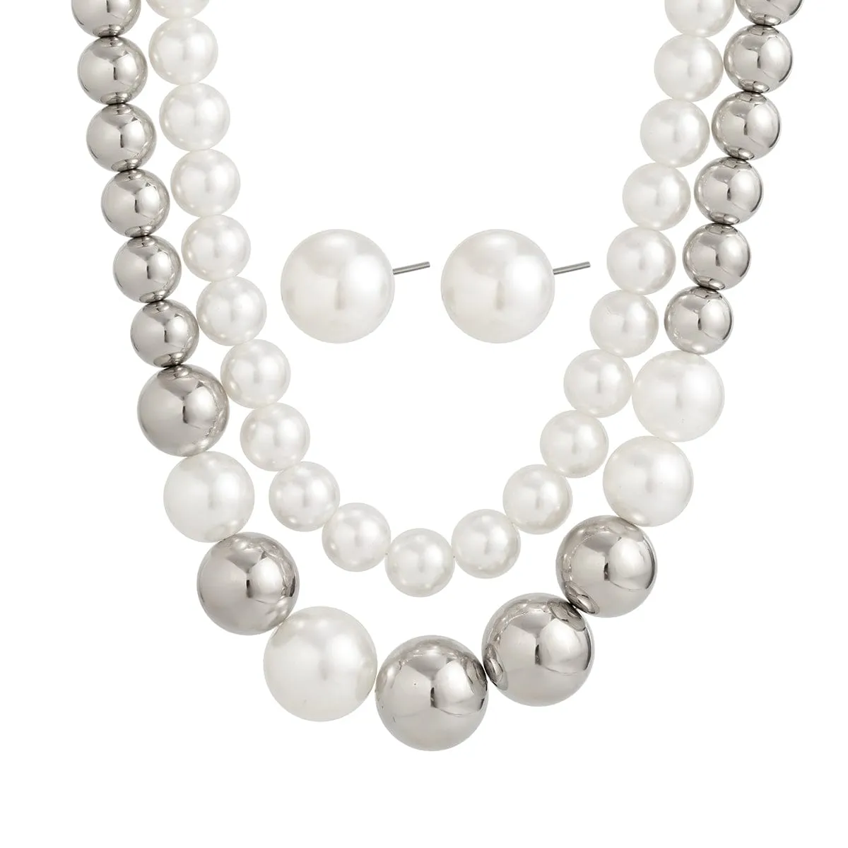 Chic Layered Silver Plated Pearl Chain Choker Necklace Earrings Set