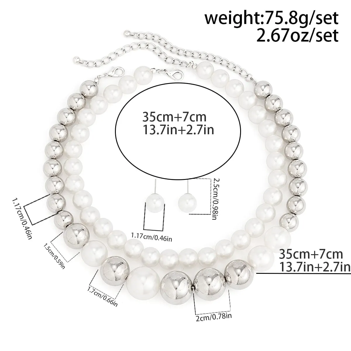 Chic Layered Silver Plated Pearl Chain Choker Necklace Earrings Set