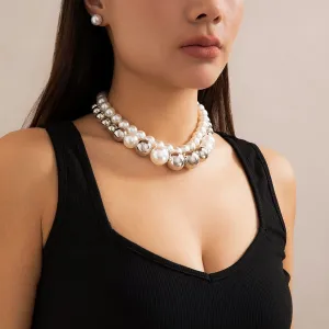 Chic Layered Silver Plated Pearl Chain Choker Necklace Earrings Set