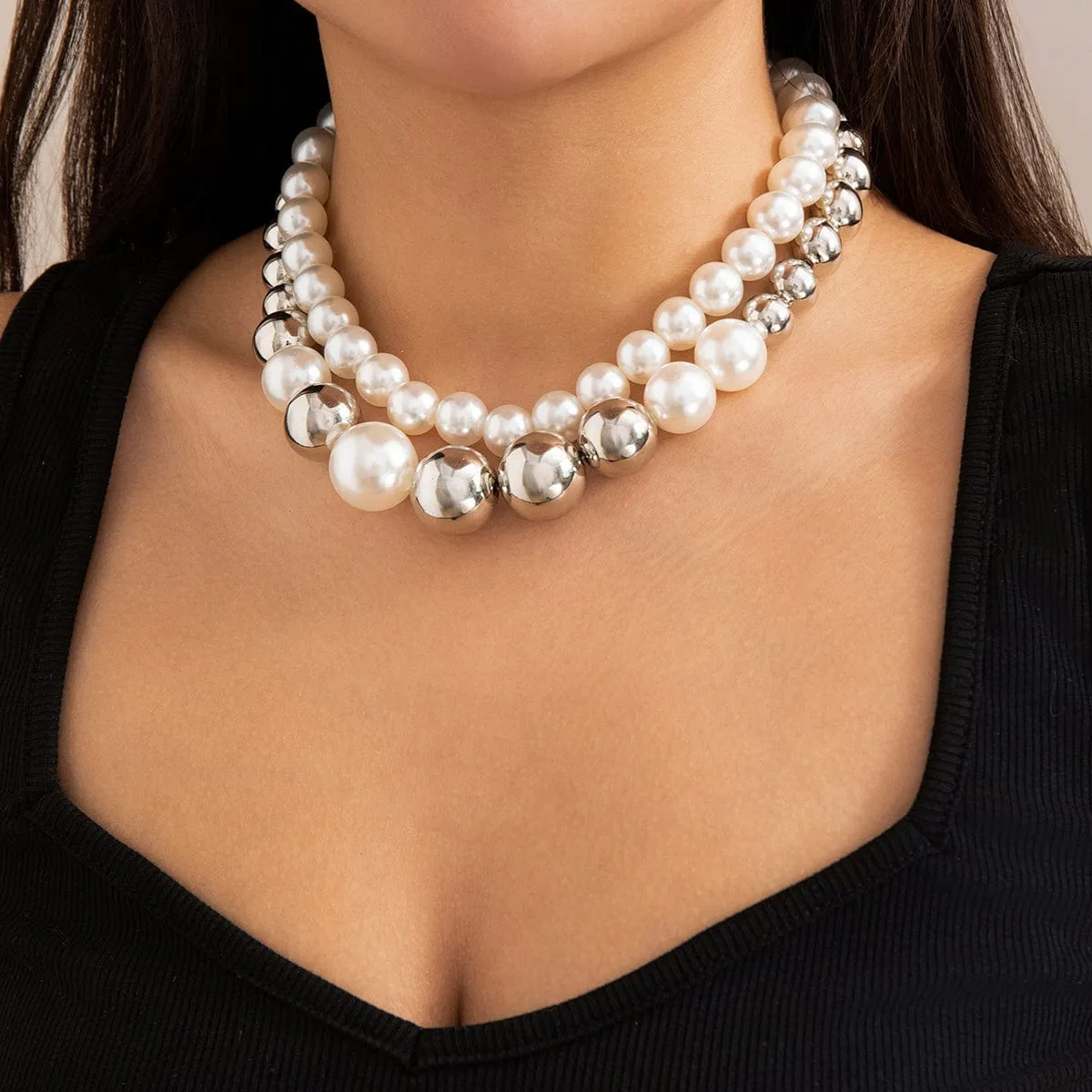 Chic Layered Silver Plated Pearl Chain Choker Necklace Earrings Set