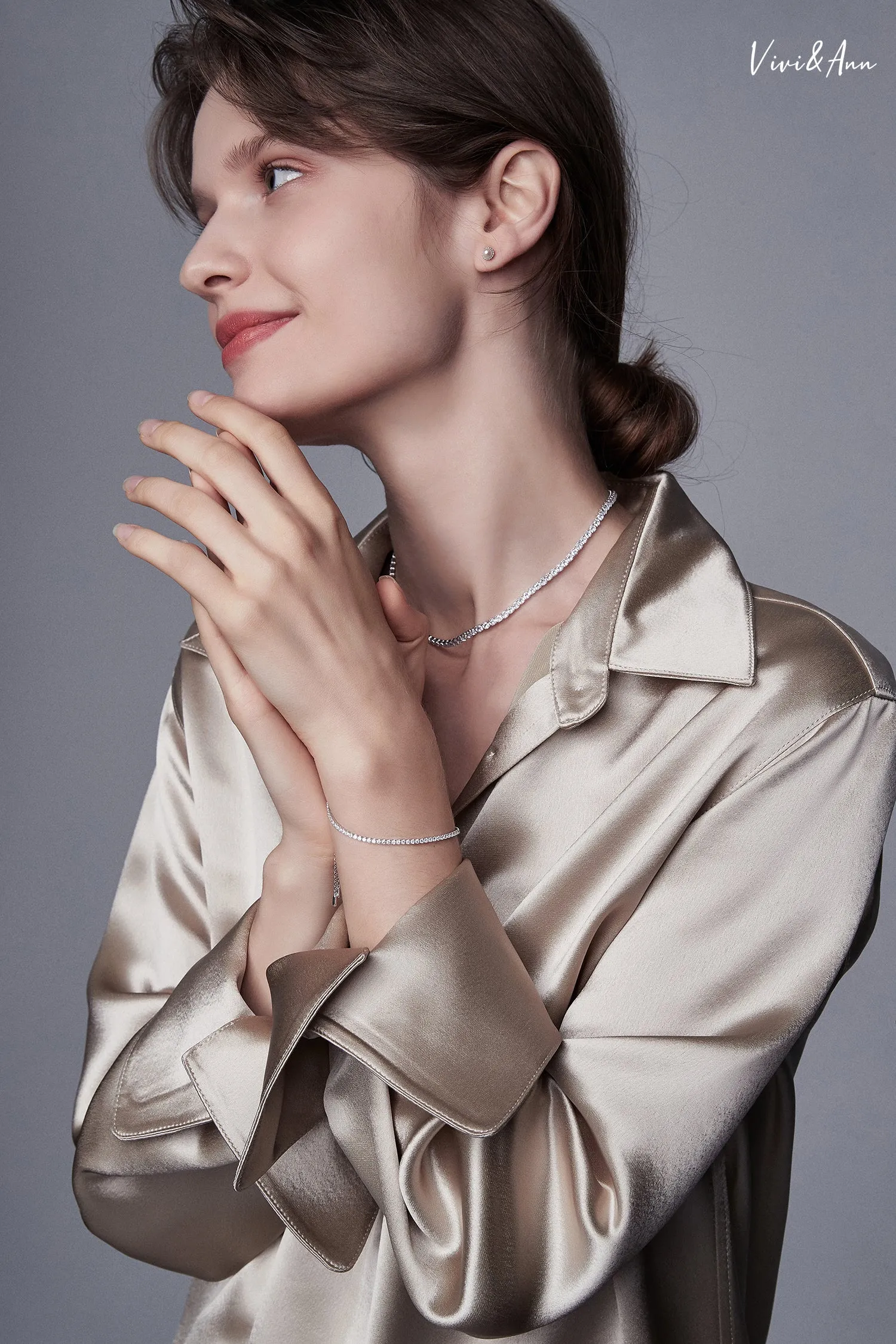 Classic Eternity Line Brilliant Crystal Diamonds Necklace 18K Gold Over Sterling Silver