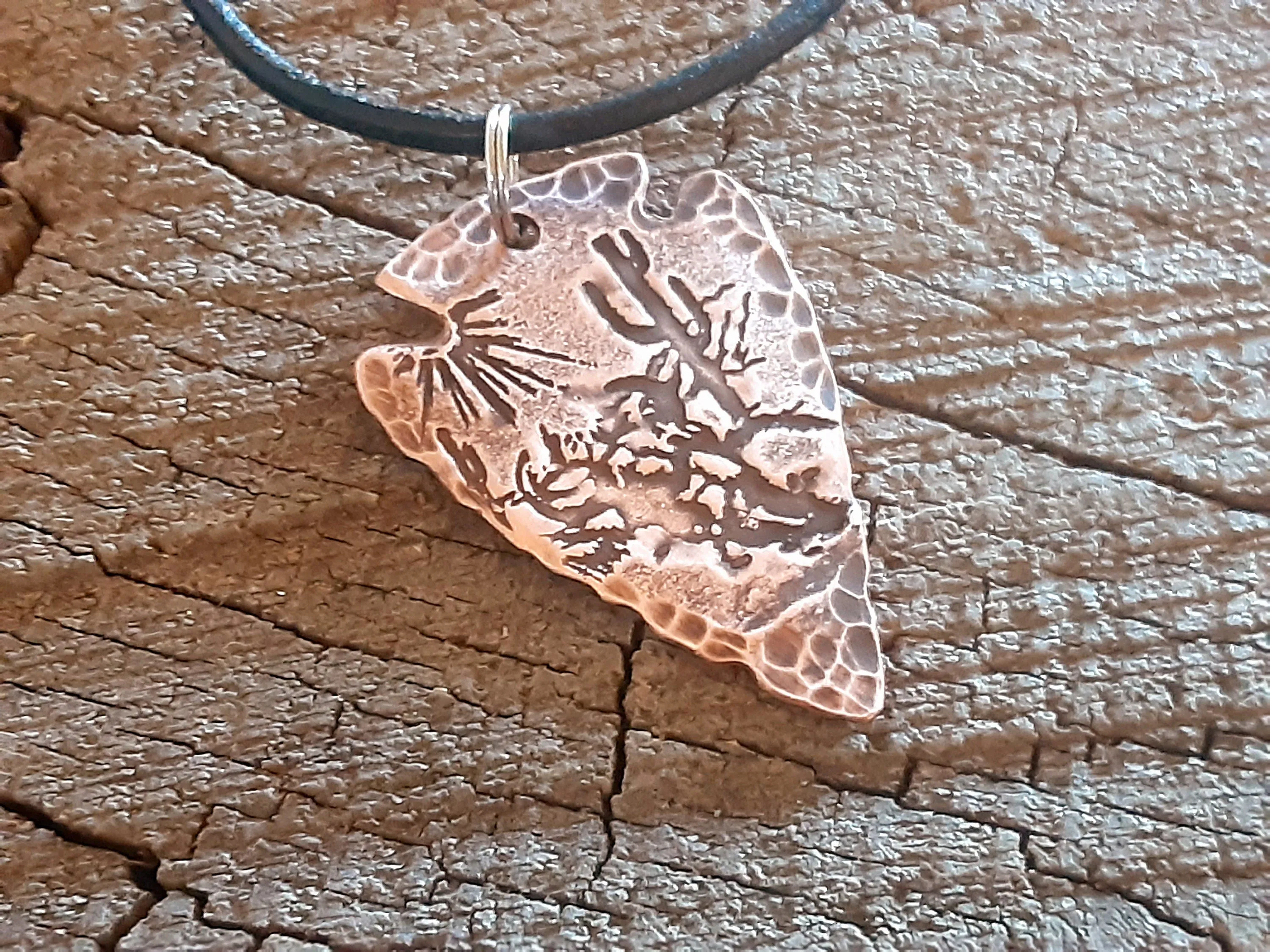 copper arrowhead necklace with desert scene - hammered and rustic finish - mens gift - mens jewelry