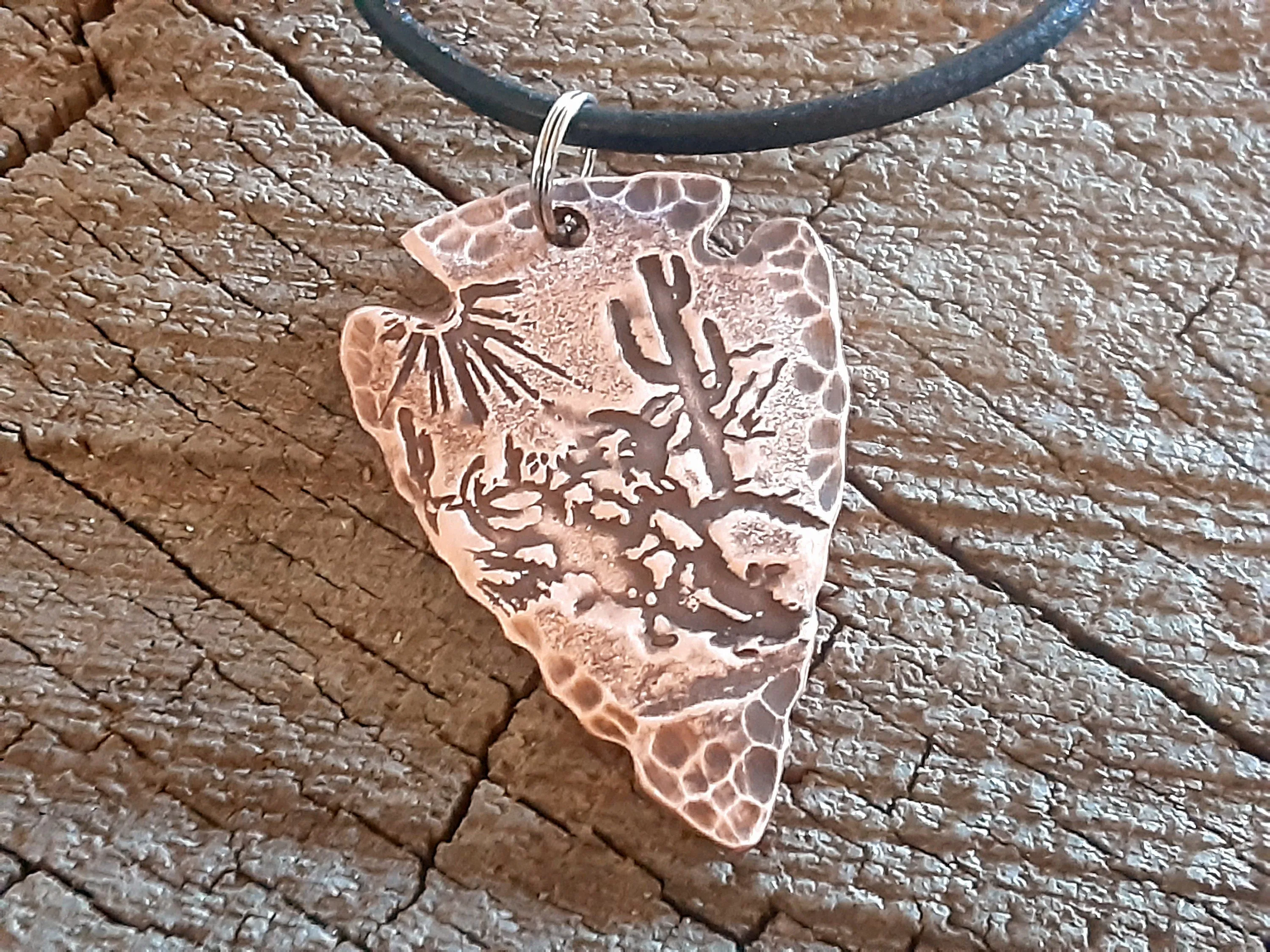 copper arrowhead necklace with desert scene - hammered and rustic finish - mens gift - mens jewelry