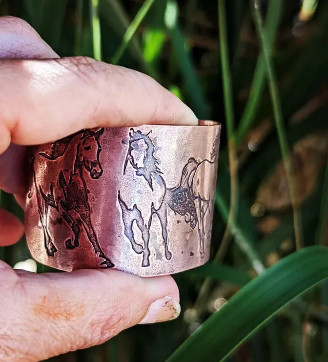 Copper cuff wide bracelet with horses