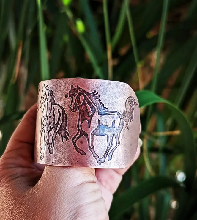 Copper cuff wide bracelet with horses