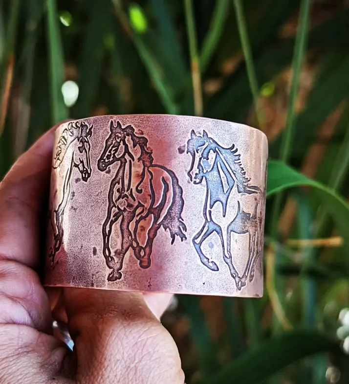 Copper cuff wide bracelet with horses