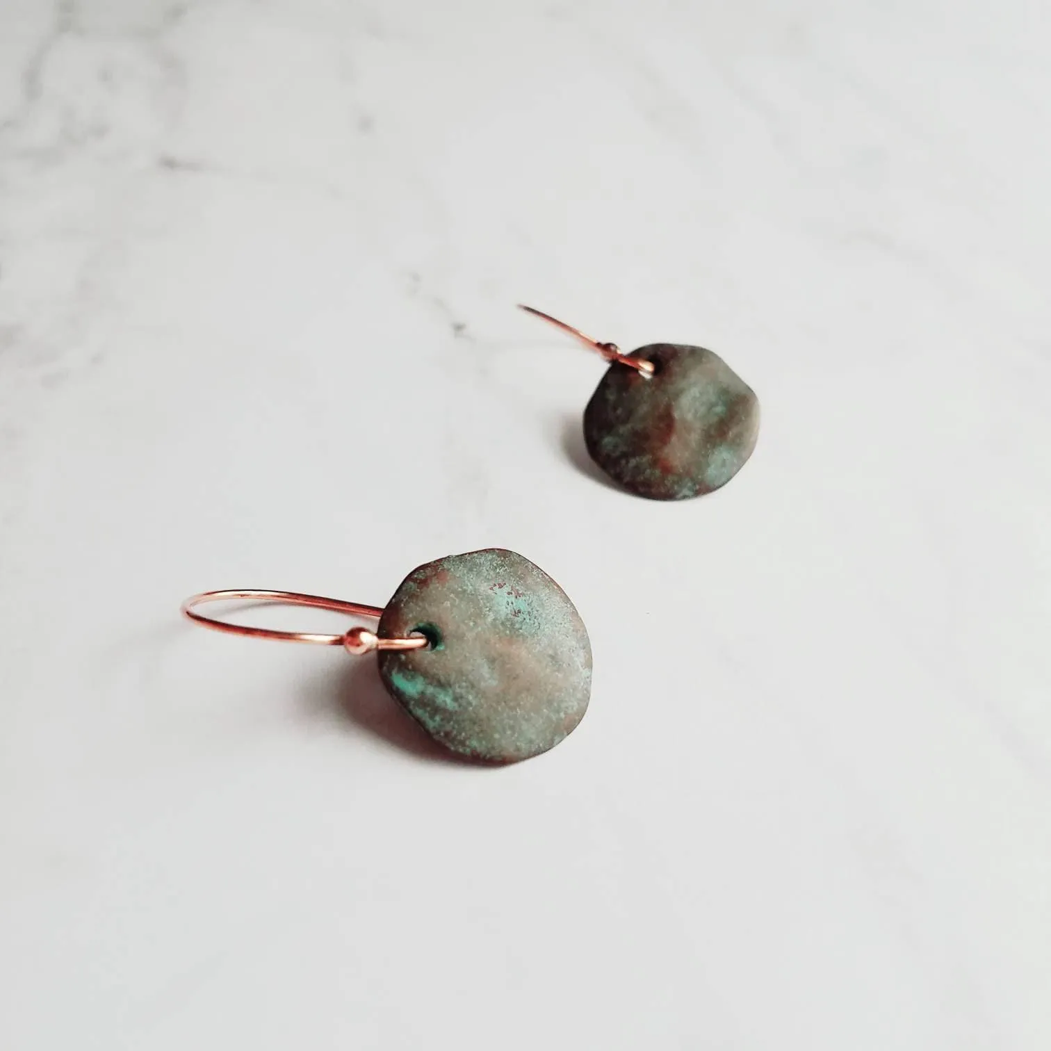 Copper Disk Earrings, copper earrings, rustic earring, wavy disk earring, patina earring, blue green earring, verdigris patina, round disk