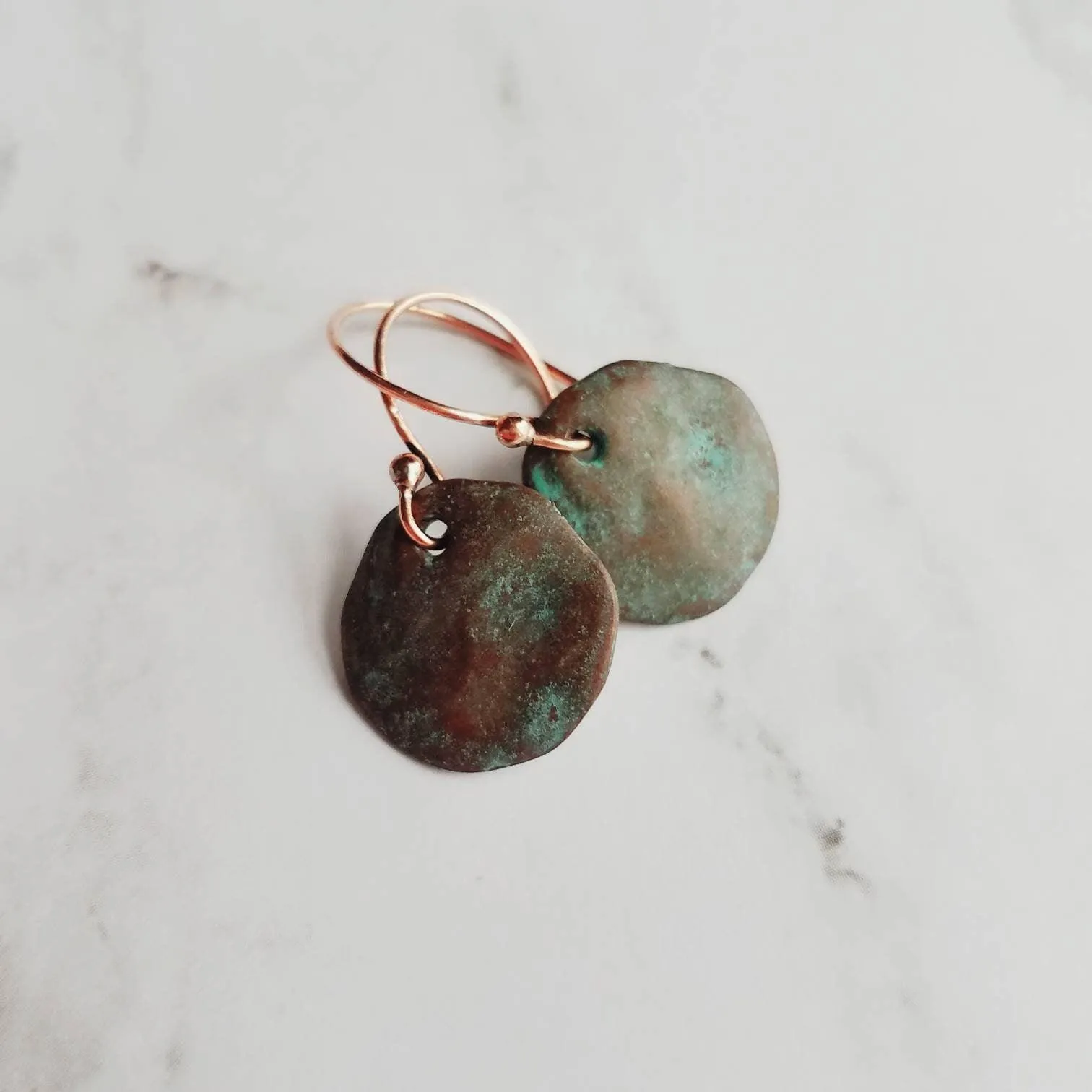 Copper Disk Earrings, copper earrings, rustic earring, wavy disk earring, patina earring, blue green earring, verdigris patina, round disk