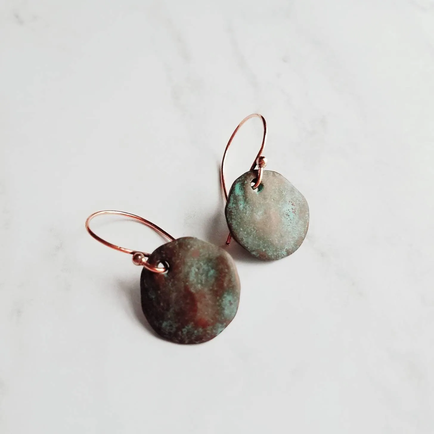 Copper Disk Earrings, copper earrings, rustic earring, wavy disk earring, patina earring, blue green earring, verdigris patina, round disk