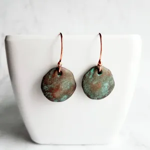 Copper Disk Earrings, copper earrings, rustic earring, wavy disk earring, patina earring, blue green earring, verdigris patina, round disk