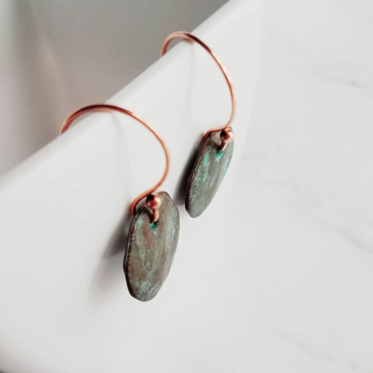 Copper Disk Earrings, copper earrings, rustic earring, wavy disk earring, patina earring, blue green earring, verdigris patina, round disk