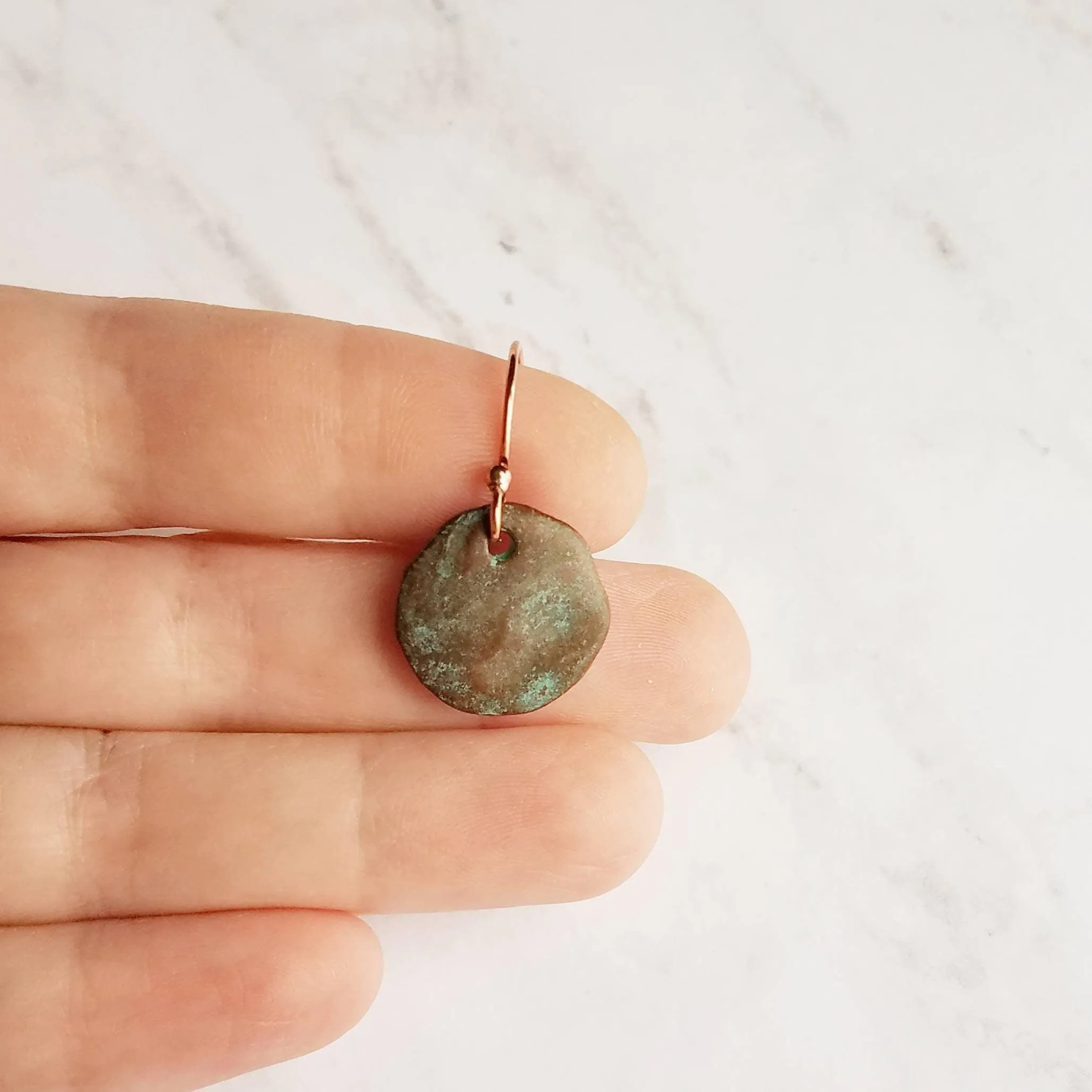 Copper Disk Earrings, copper earrings, rustic earring, wavy disk earring, patina earring, blue green earring, verdigris patina, round disk