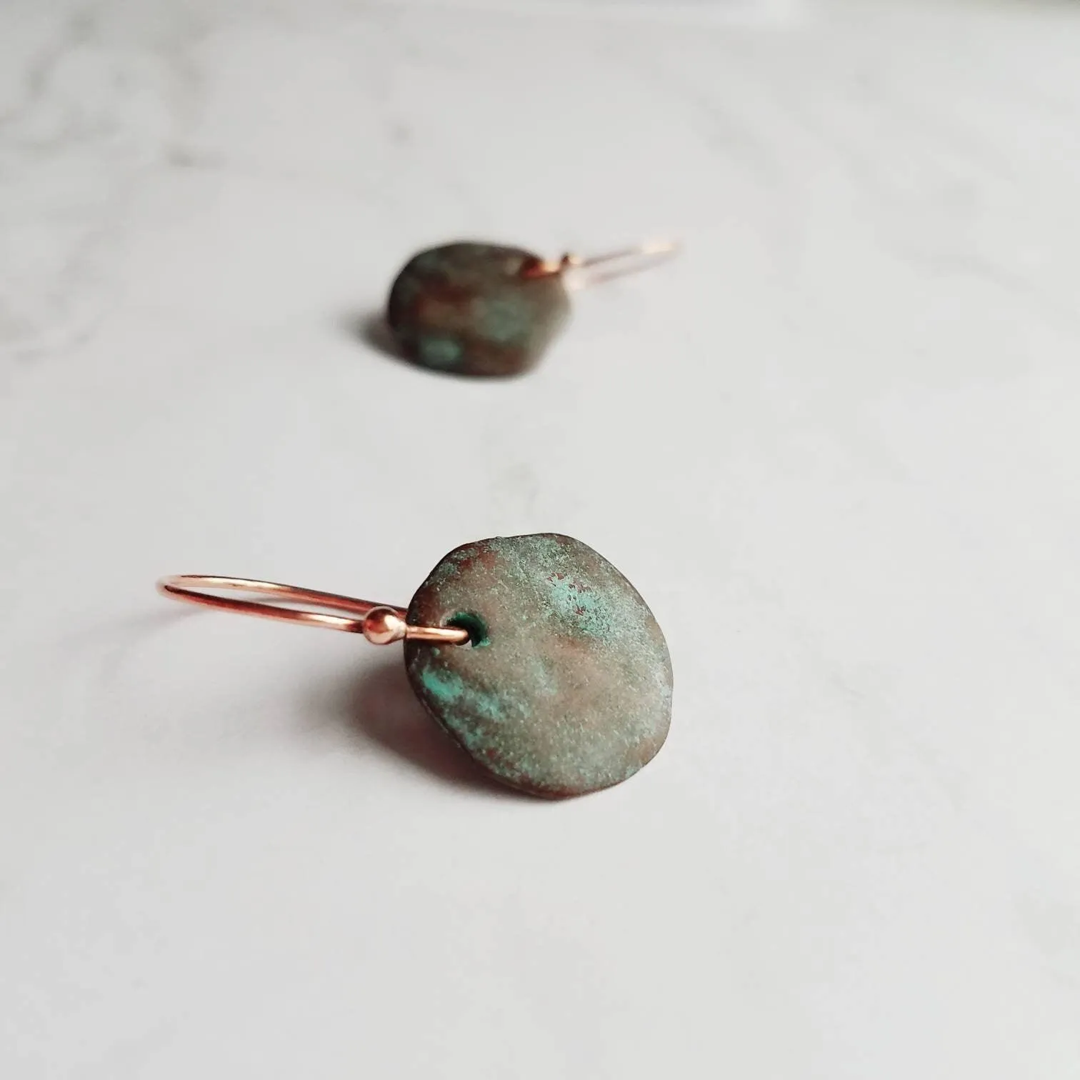 Copper Disk Earrings, copper earrings, rustic earring, wavy disk earring, patina earring, blue green earring, verdigris patina, round disk