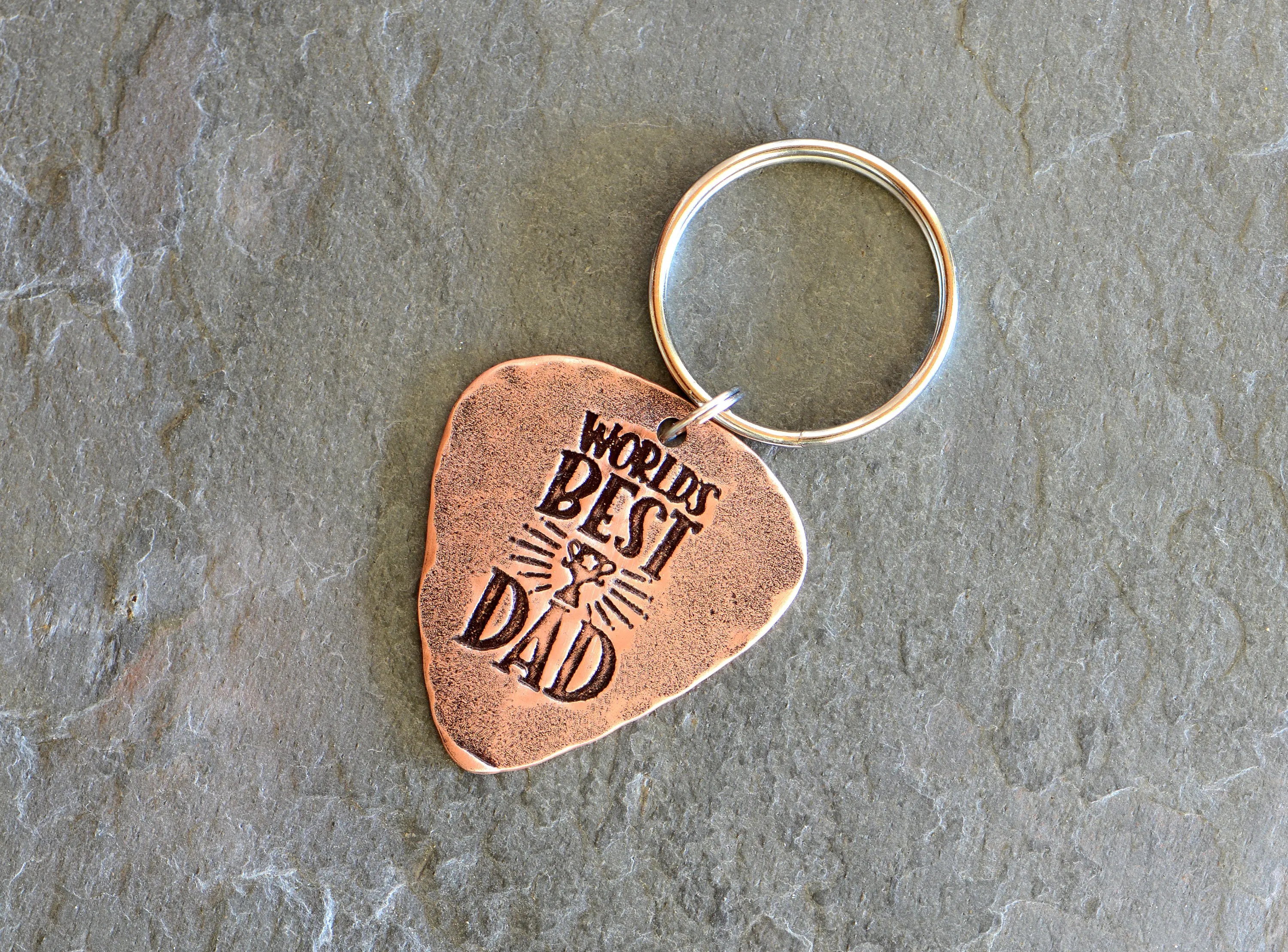 Copper guitar pick key chain for the worlds best dad
