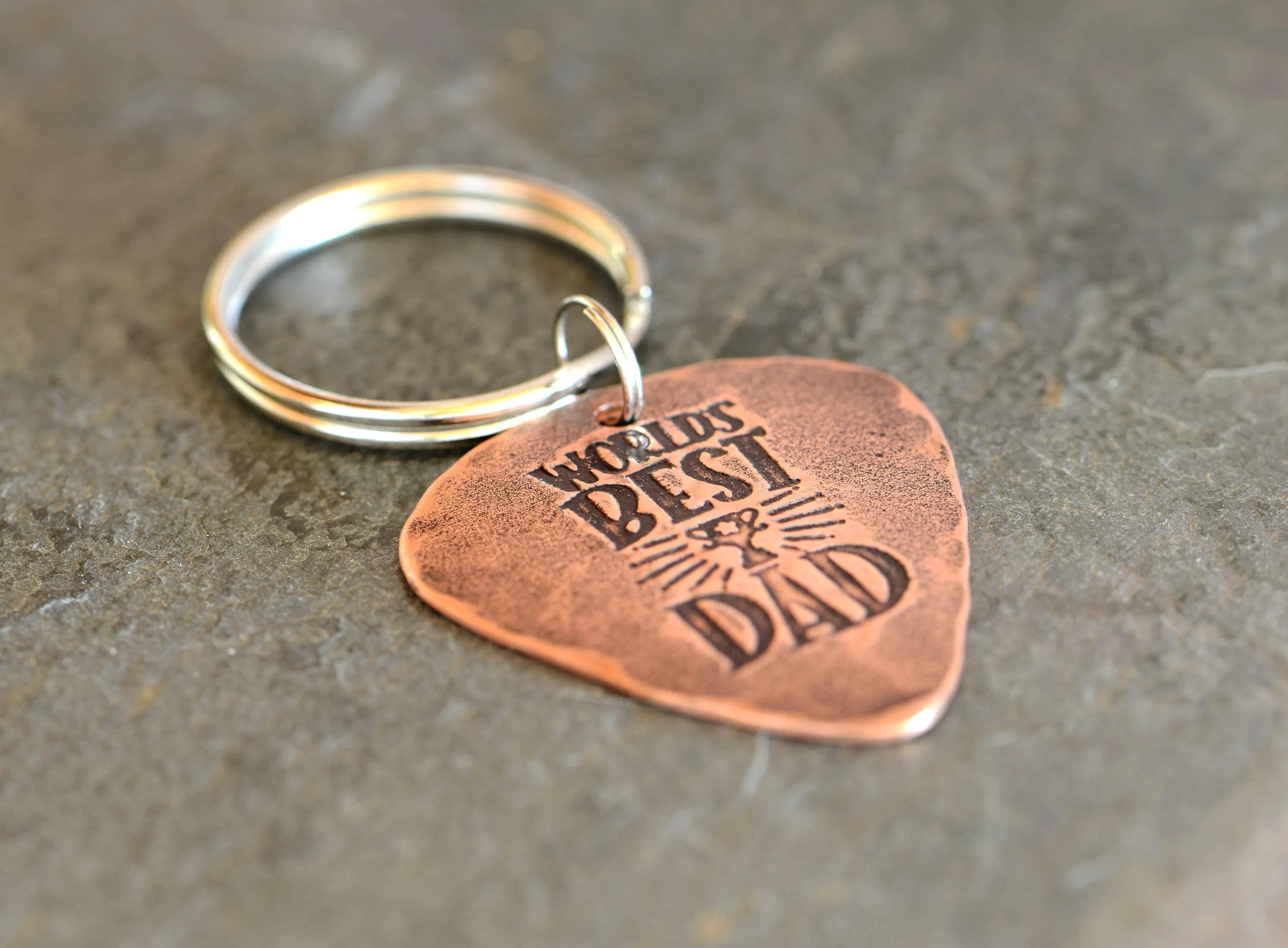 Copper guitar pick key chain for the worlds best dad
